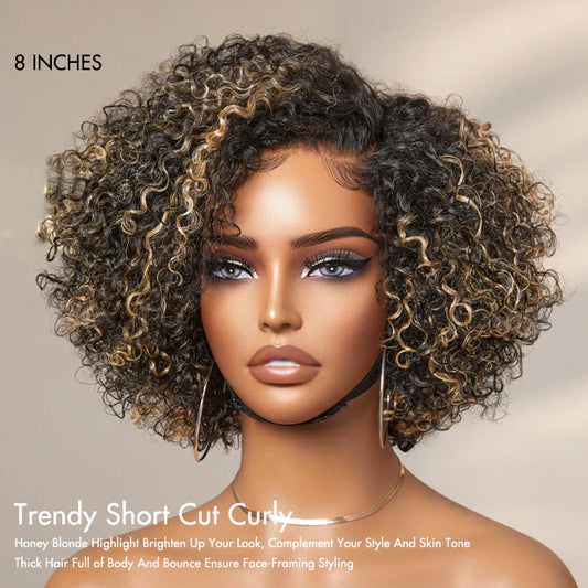 Belle Vie 8 inch Trendy Short Cut Curly Minimalist HD Lace Glueless Side Part Wig